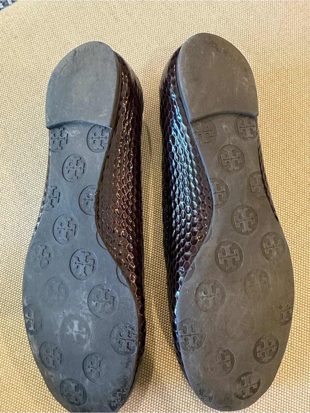 Tory Burch Chocolate Brown Snakeskin embossed Logo Ballet Flats